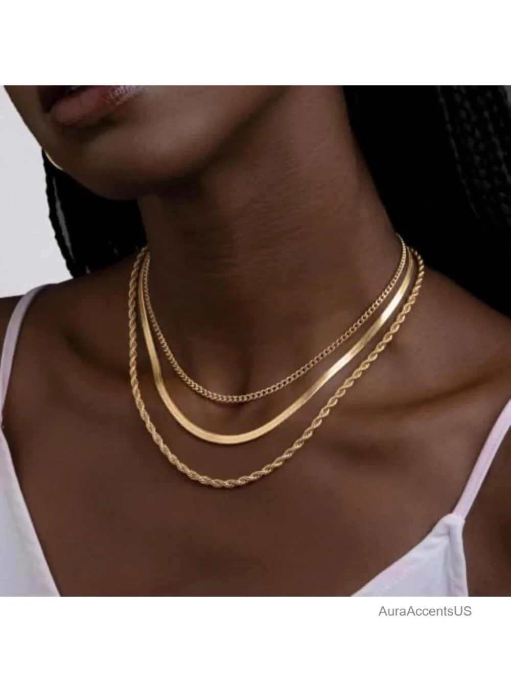 14k Gold Plated Layered Necklace Set for Women, 3 Chain Choker Stack